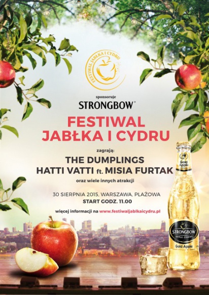 FESTIWAL JABŁKA I CYDRU NAD WISŁĄ W WARSZAWIE Styl życia, LIFESTYLE - Festiwal Jabłka i Cydru odbędzie się 30 sierpnia w klubokawiarni Plażowa w Warszawie. Wspaniałe podsumowanie gorącego lata będzie miało smak jabłek we wszystkich możliwych postaciach. Wyłącznym sponsorem wydarzenia jest marka cydru Strongbow.