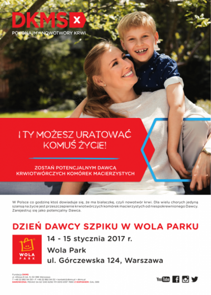Dni Dawcy Szpiku i zbiórka dla WOŚP w Wola Parku Styl życia, LIFESTYLE - 14 i 15 stycznia w Wola Parku odbędą się dwie akcje, podczas których odwiedzający Centrum będą mieli okazję pomóc potrzebującym. Na Placu Pałacowym będą na nich czekali wolontariusze Fundacji DKMS oraz Fundacji ?Daj mi czas?.